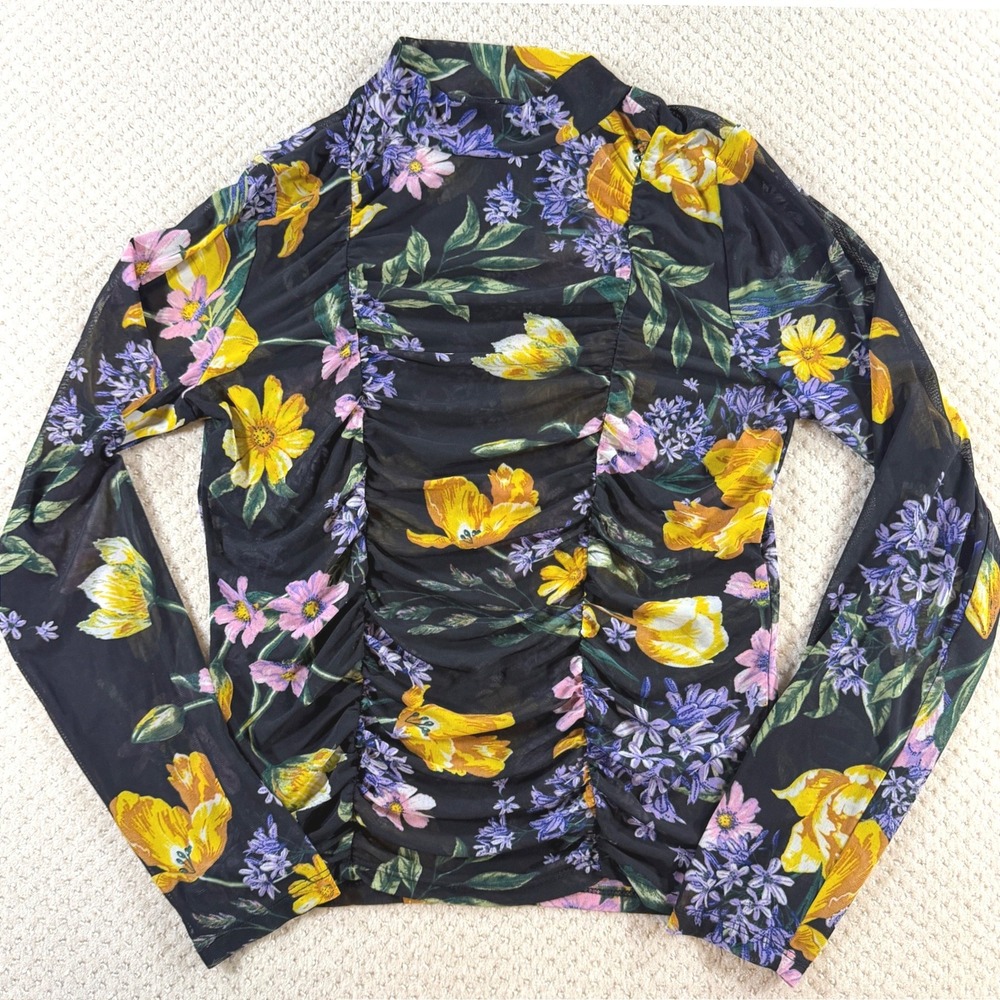 Sheer Floral Mesh Top Womens L Black Ruched Mock Neck Fairy Whimsigoth Cottage